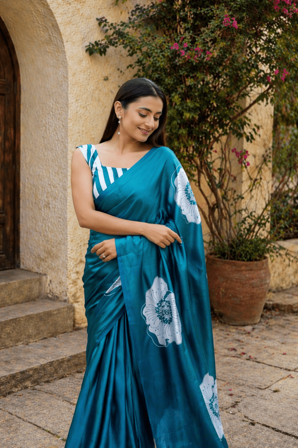 Ocean Blue Bloom Printed Satin Saree - Mayantiie