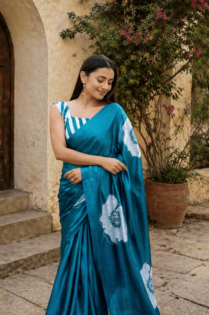 Ocean Blue Bloom Printed Satin Saree - Mayantiie