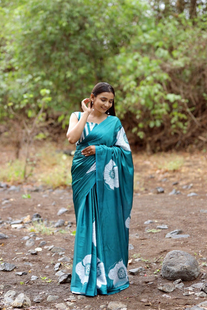 Ocean Blue Bloom Printed Satin Saree - Mayantiie