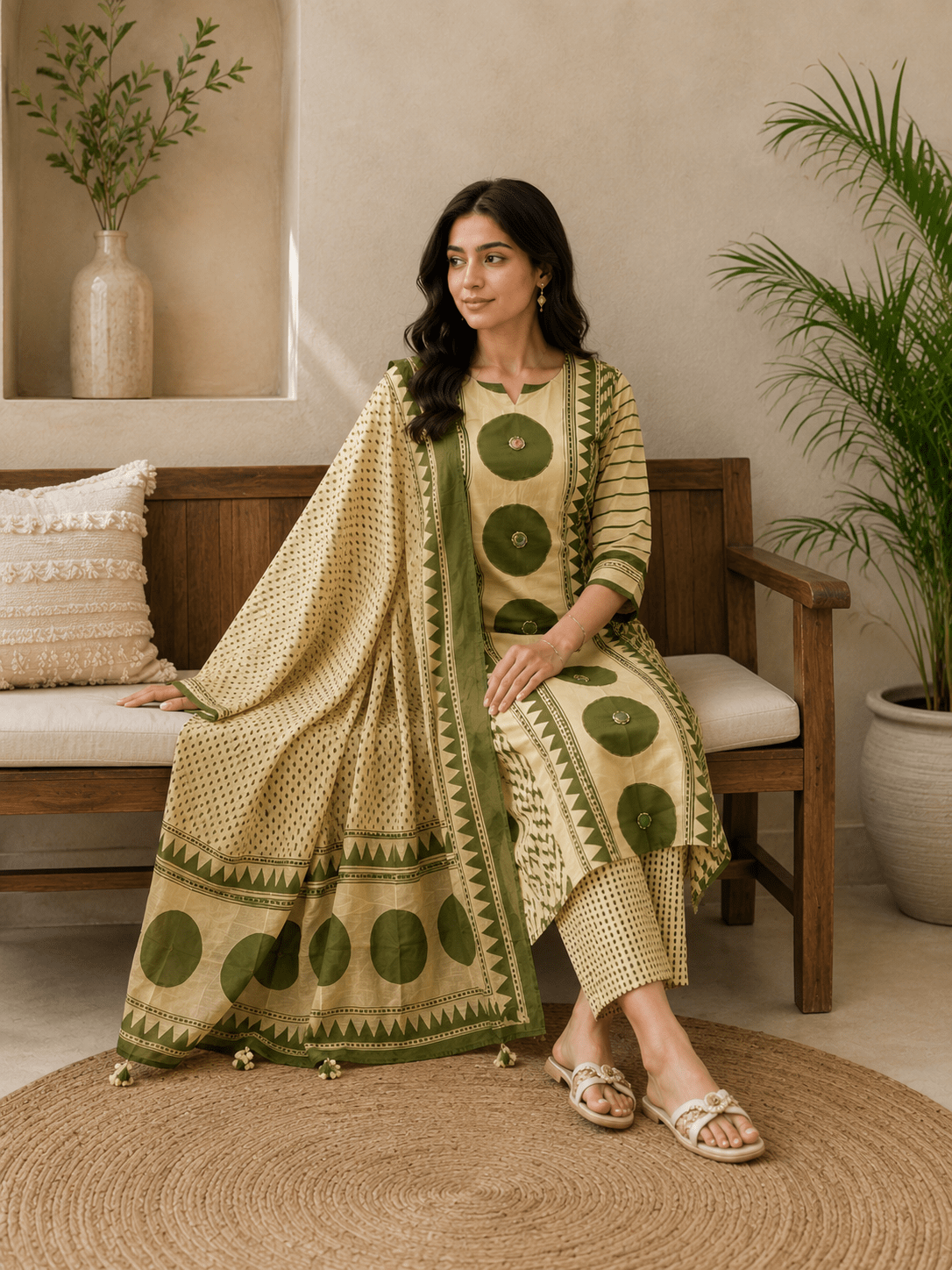 Olive Ajrakh Printed Cotton Kurti Palazzo Set with Dupatta