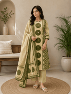 Olive Ajrakh Printed Cotton Kurti Palazzo Set with Dupatta