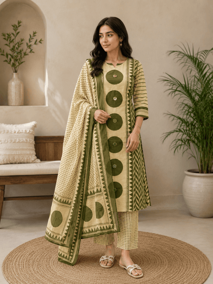 Olive Ajrakh Printed Cotton Kurti Palazzo Set with Dupatta