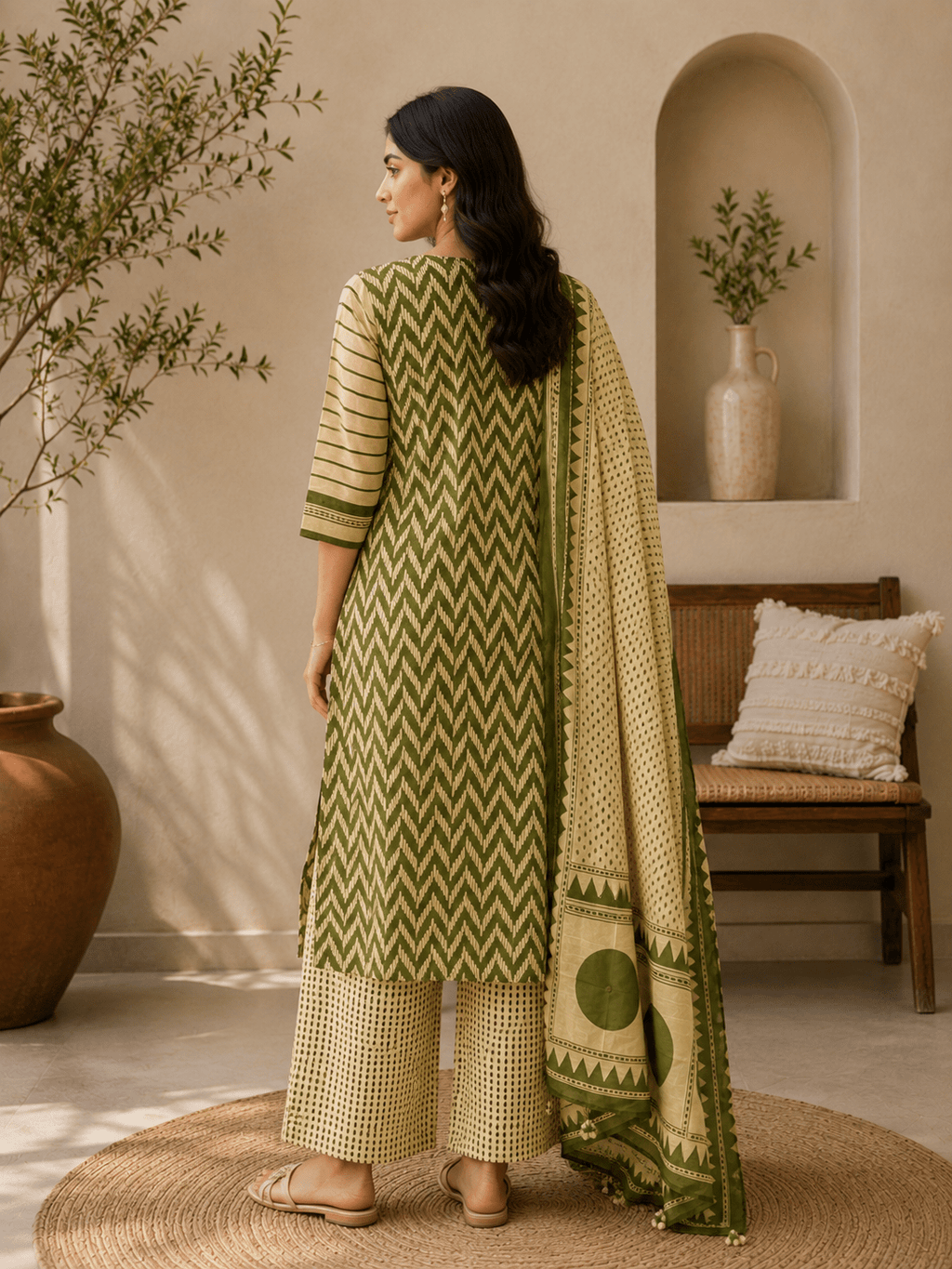 Olive Ajrakh Printed Cotton Kurti Palazzo Set with Dupatta