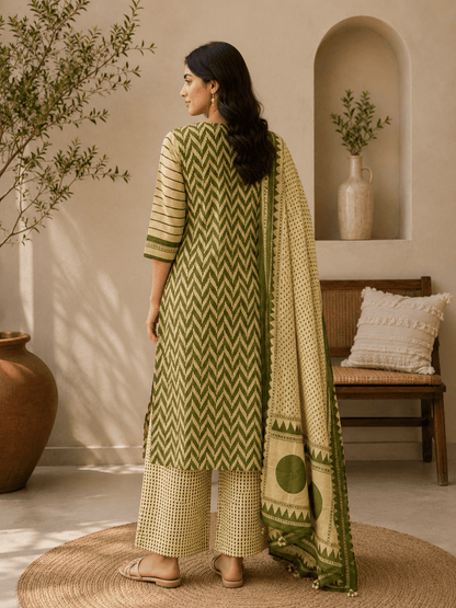 Olive Ajrakh Printed Cotton Kurti Palazzo Set with Dupatta