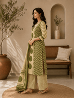 Olive Ajrakh Printed Cotton Kurti Palazzo Set with Dupatta