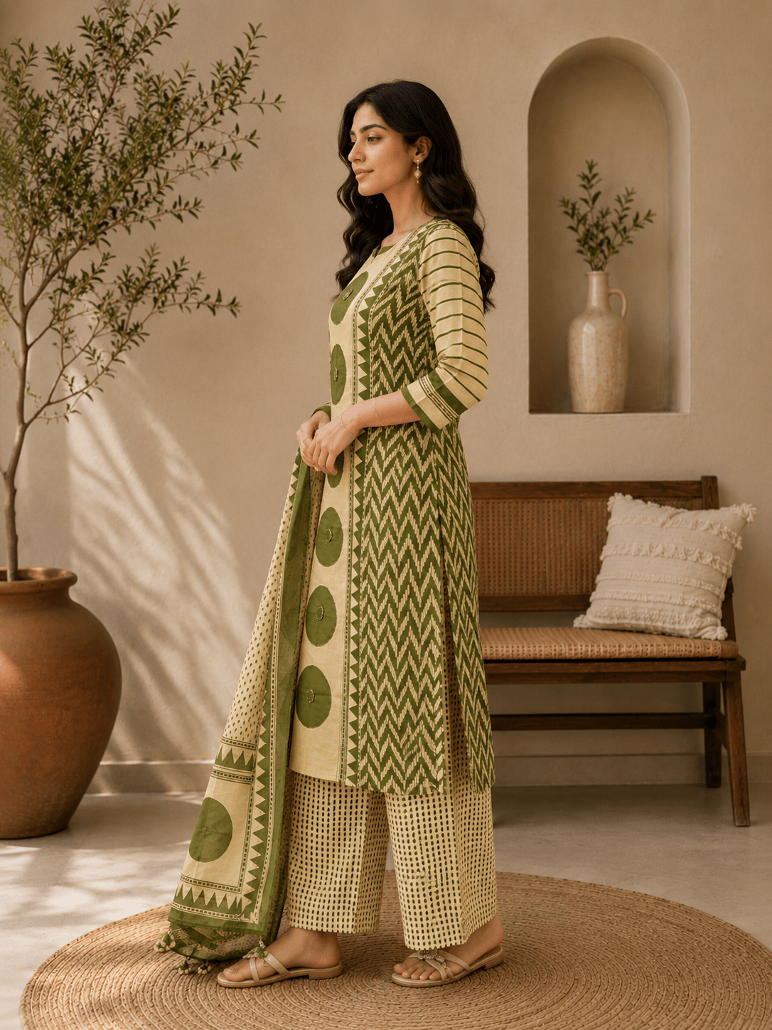 Olive Ajrakh Printed Cotton Kurti Palazzo Set with Dupatta
