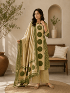 Olive Ajrakh Printed Cotton Kurti Palazzo Set with Dupatta