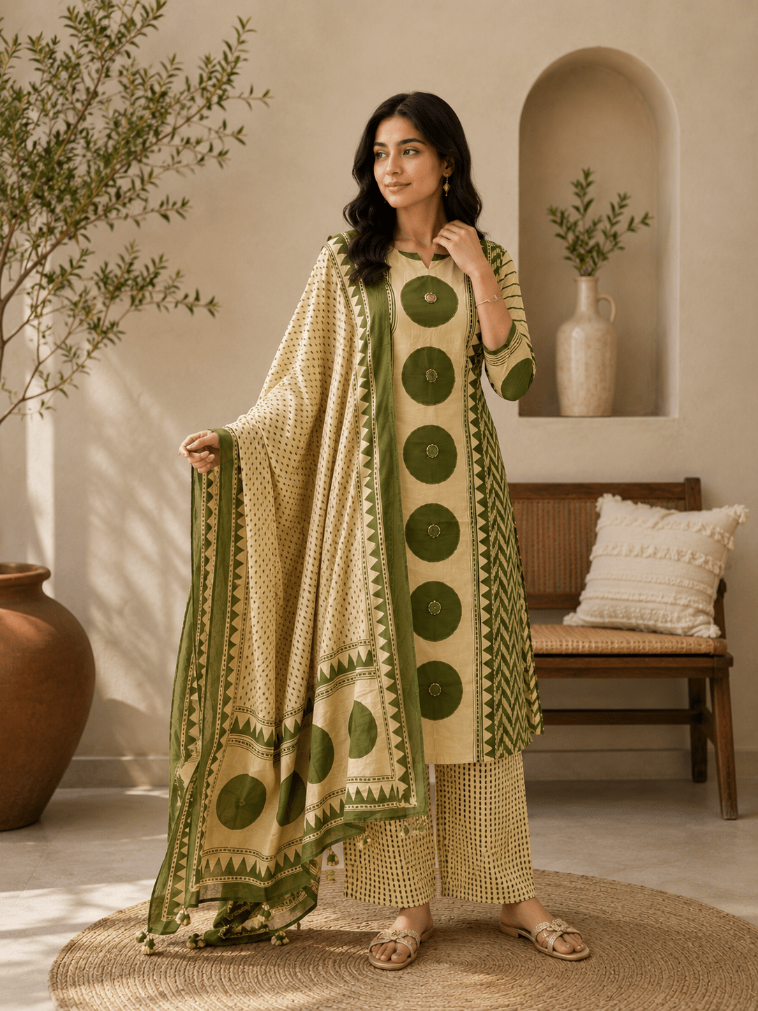 Olive Ajrakh Printed Cotton Kurti Palazzo Set with Dupatta