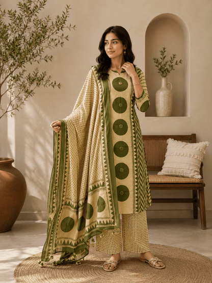 Olive Ajrakh Printed Cotton Kurti Palazzo Set with Dupatta