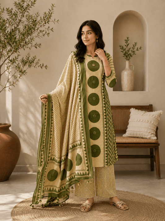 Olive Ajrakh Printed Cotton Kurti Palazzo Set with Dupatta
