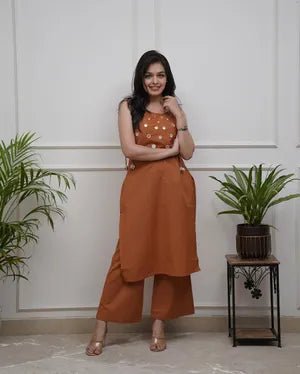 Orange Breeze Spaghetti Cotton Kurti with Pants - Mayantiie