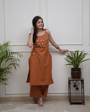 Orange Breeze Spaghetti Cotton Kurti with Pants - Mayantiie