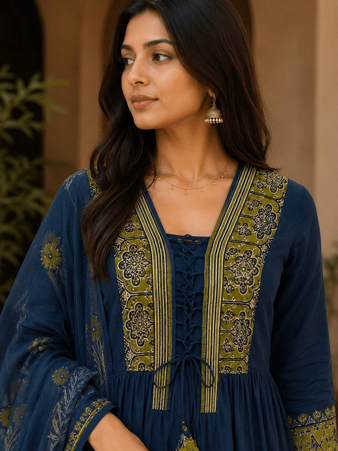 Peacock Blue Hand Block Printed Anarkali Suit with Dupatta by Mayantiie