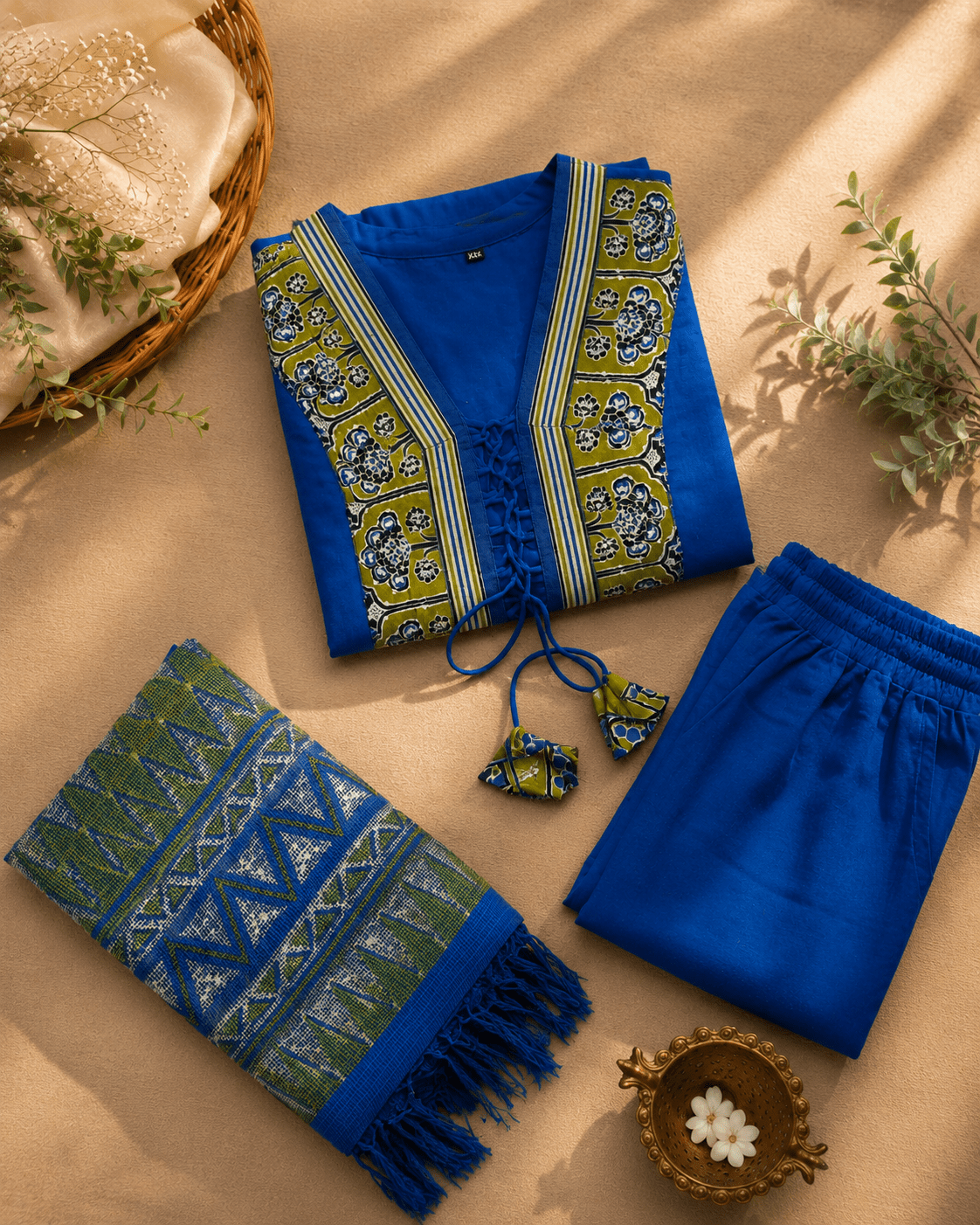 Peacock Blue Hand Block Printed Anarkali Suit with Dupatta by Mayantiie