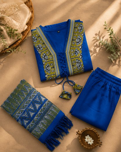 Peacock Blue Hand Block Printed Anarkali Suit with Dupatta by Mayantiie