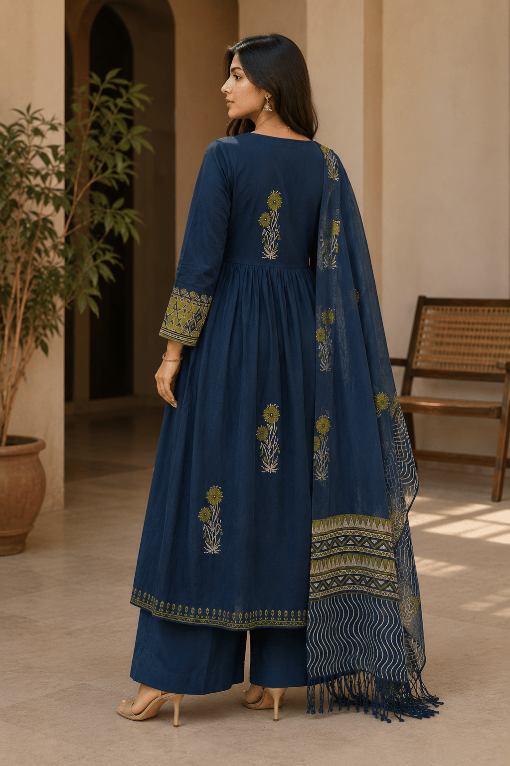 Peacock Blue Hand Block Printed Anarkali Suit with Dupatta by Mayantiie