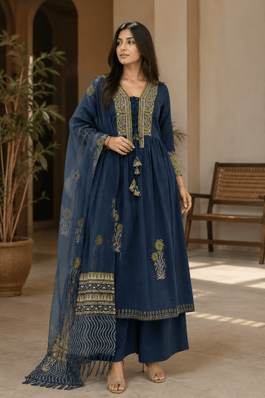 Peacock Blue Hand Block Printed Anarkali Suit with Dupatta by Mayantiie