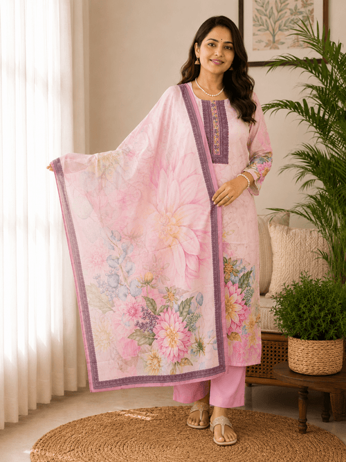 Pink Blush Bloom Floral Rayon Kurta Set with Dupatta - Mayantiie