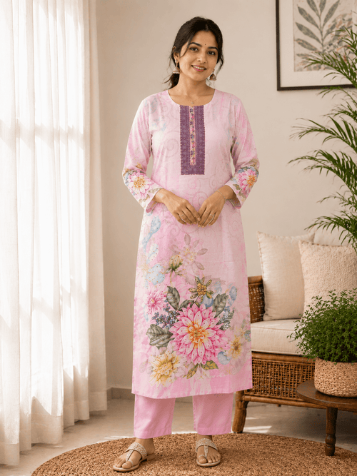 Pink Blush Bloom Floral Rayon Kurta Set with Dupatta - Mayantiie