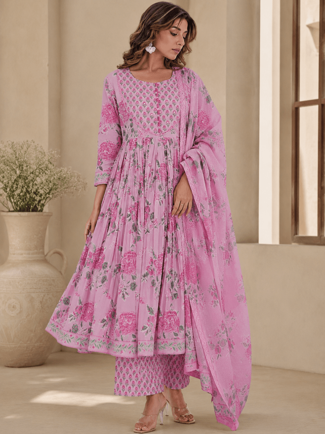 Pink Floral Printed Cotton Anarkali Kurti Pant Set