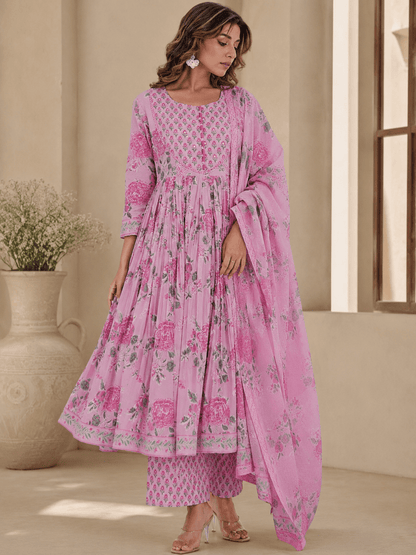 Pink Floral Printed Cotton Anarkali Kurti Pant Set