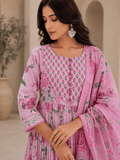 Pink Floral Printed Cotton Anarkali Kurti Pant Set