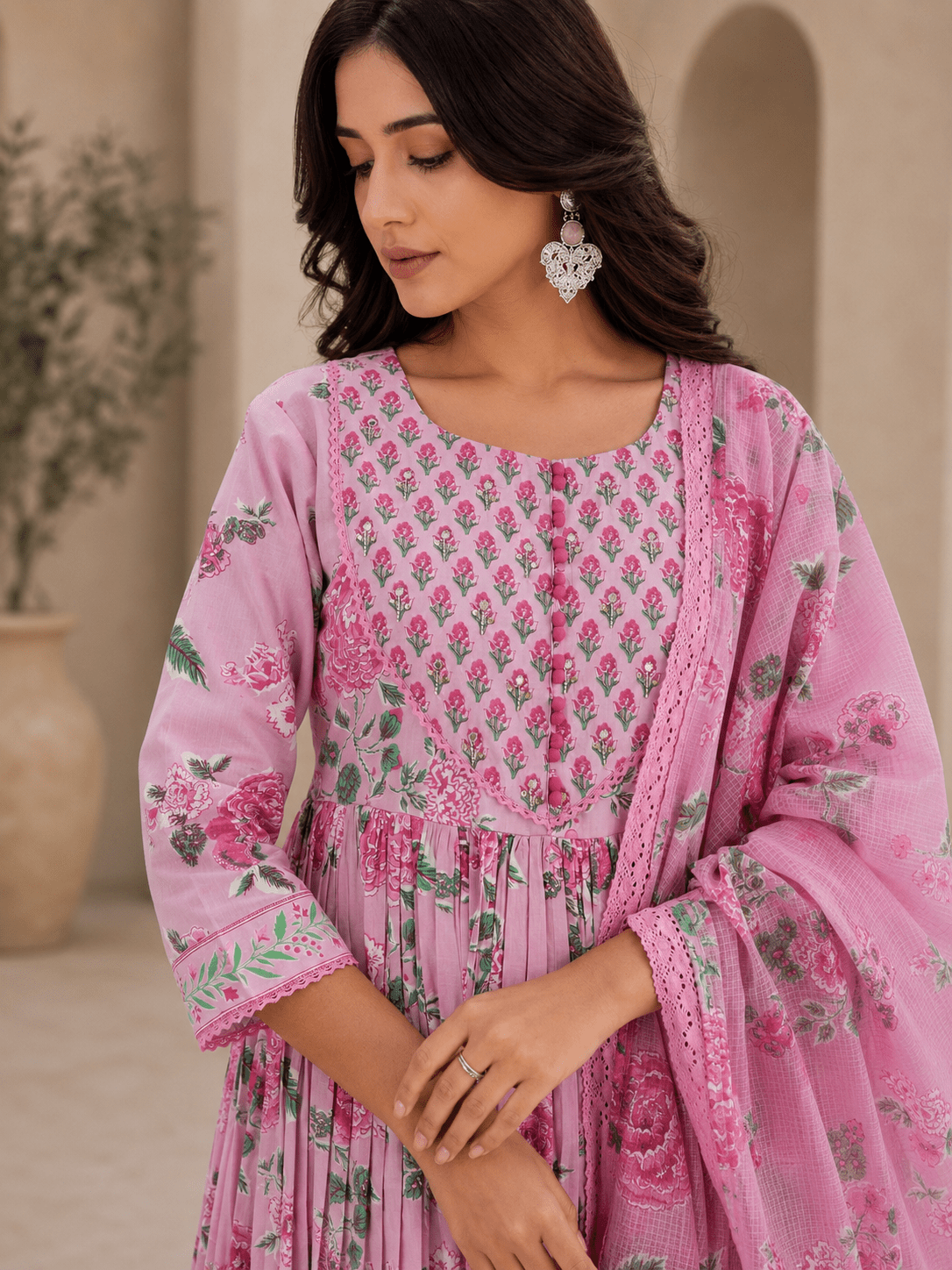 Pink Floral Printed Cotton Anarkali Kurti Pant Set