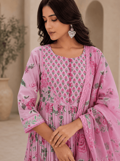 Pink Floral Printed Cotton Anarkali Kurti Pant Set
