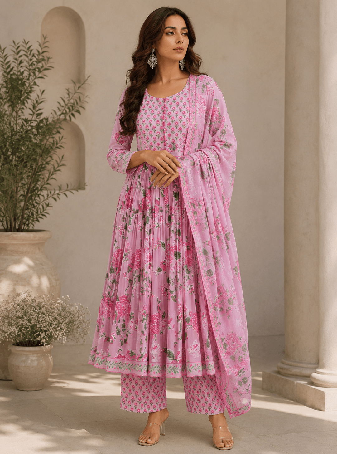 Pink Floral Printed Cotton Anarkali Kurti Pant Set