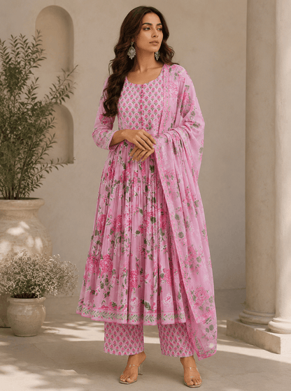 Pink Floral Printed Cotton Anarkali Kurti Pant Set