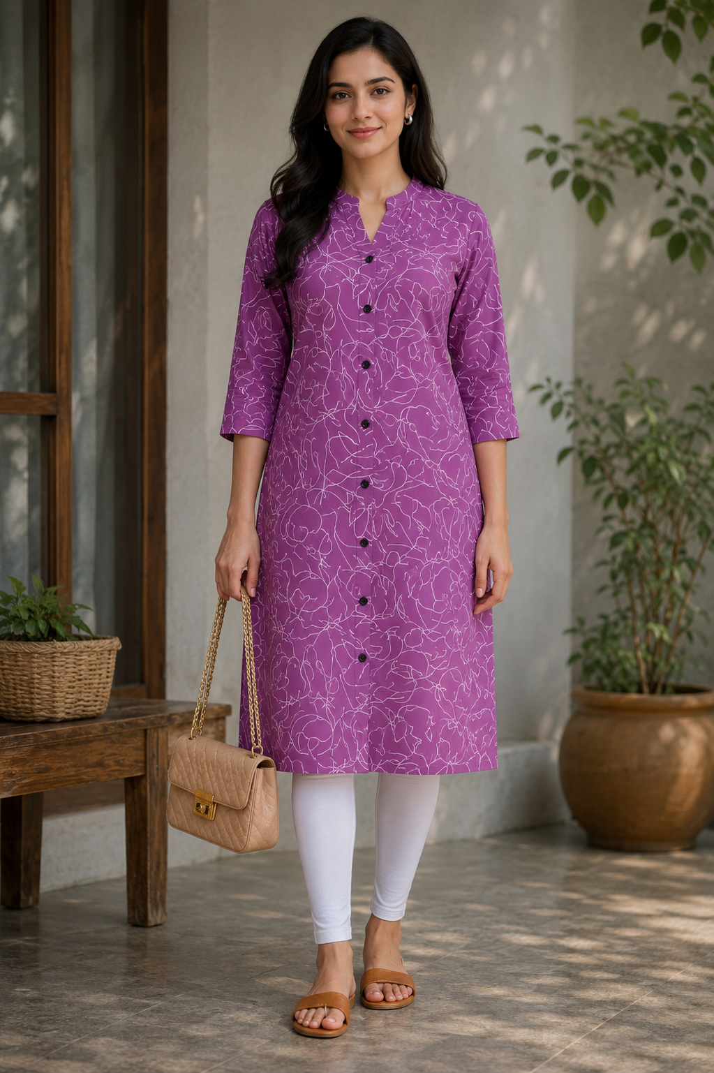 Purple Abstract Print Rayon Kurti for Women