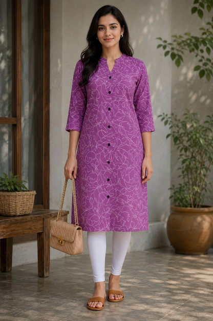 Purple Abstract Print Rayon Kurti for Women