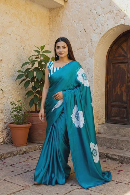 Ocean Blue Bloom Printed Satin Saree