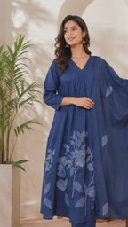 Women Blue Printed Cotton Flared A Line Kurti Set with Dupatta