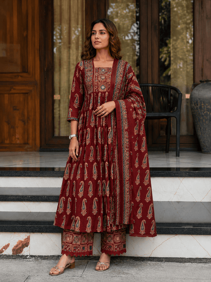 Red Ajrakh Printed Cotton Anarkali Suit Palazzo set - Mayantiie