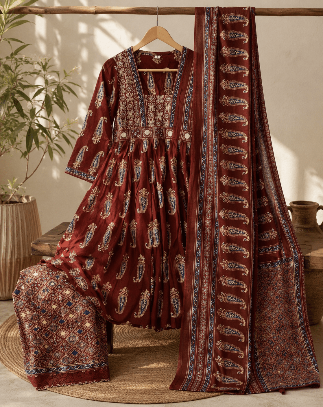 Red Ajrakh Printed Cotton Anarkali Suit Palazzo set - Mayantiie