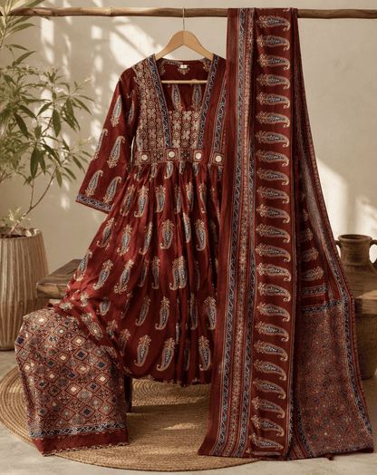 Red Ajrakh Printed Cotton Anarkali Suit Palazzo set - Mayantiie