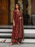 Red Ajrakh Printed Cotton Anarkali Suit Palazzo set - Mayantiie