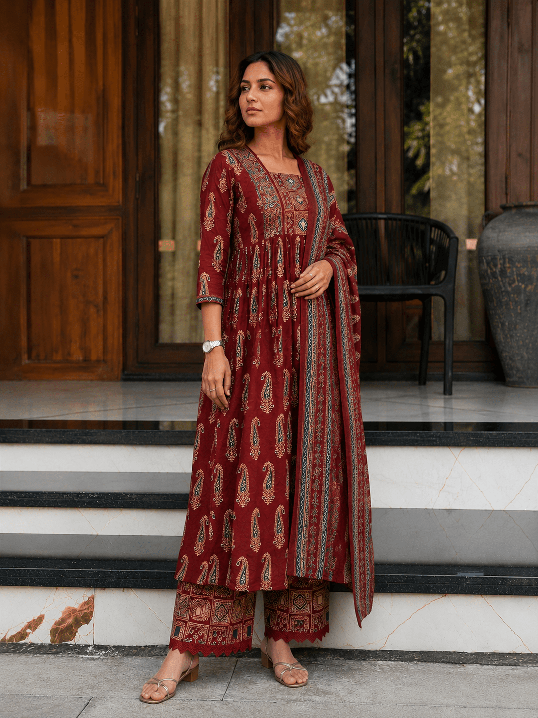 Red Ajrakh Printed Cotton Anarkali Suit Palazzo set - Mayantiie