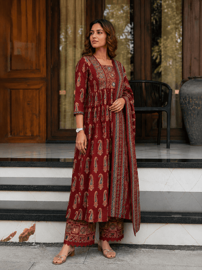 Red Ajrakh Printed Cotton Anarkali Suit Palazzo set - Mayantiie