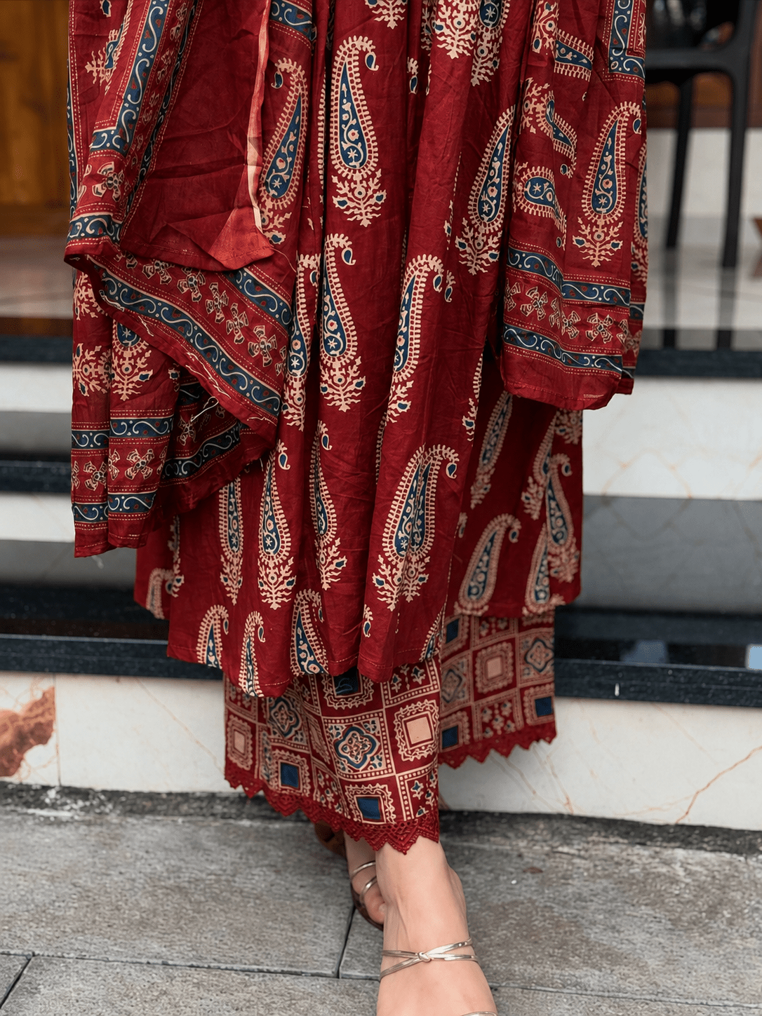 Red Ajrakh Printed Cotton Anarkali Suit Palazzo set - Mayantiie