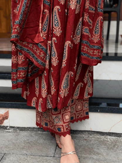Red Ajrakh Printed Cotton Anarkali Suit Palazzo set - Mayantiie