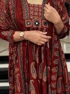 Red Ajrakh Printed Cotton Anarkali Suit Palazzo set - Mayantiie
