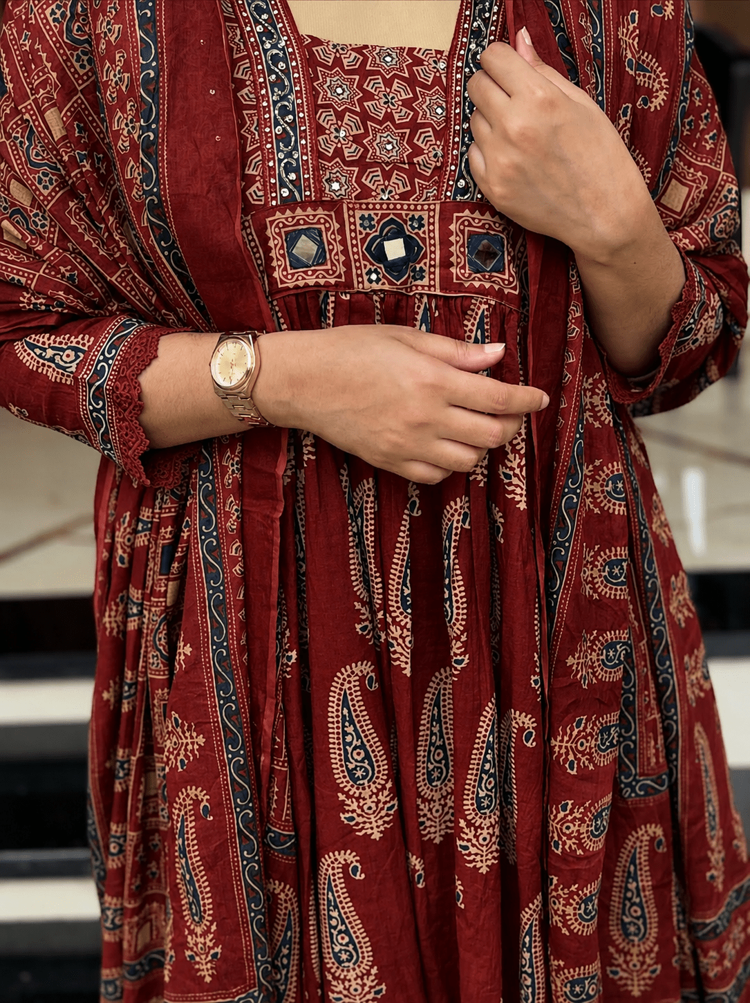 Red Ajrakh Printed Cotton Anarkali Suit Palazzo set - Mayantiie