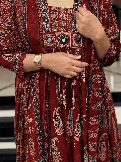 Red Ajrakh Printed Cotton Anarkali Suit Palazzo set - Mayantiie