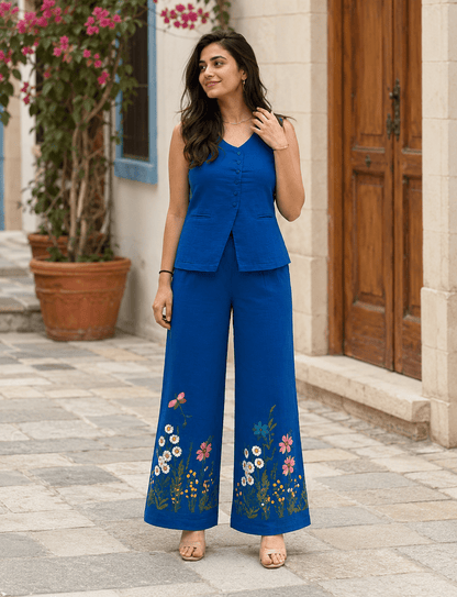 Royal Blue Bloom Cotton Embroidered Co-ord set