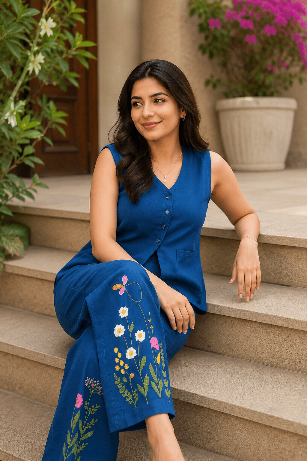 Royal Blue Bloom Cotton Embroidered Co-ord set
