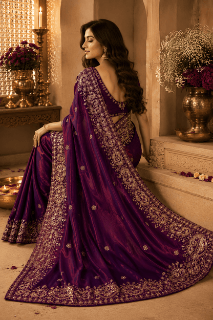 Royal Plum Zari Embroidered Silk Saree - Mayantiie