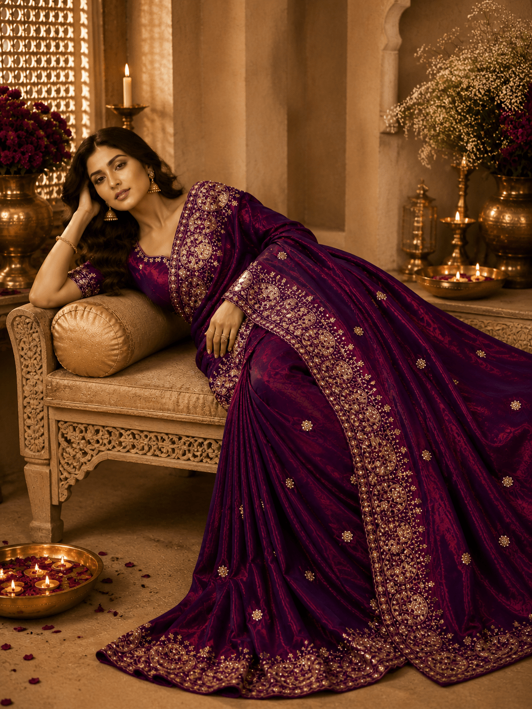 Royal Plum Zari Embroidered Silk Saree - Mayantiie