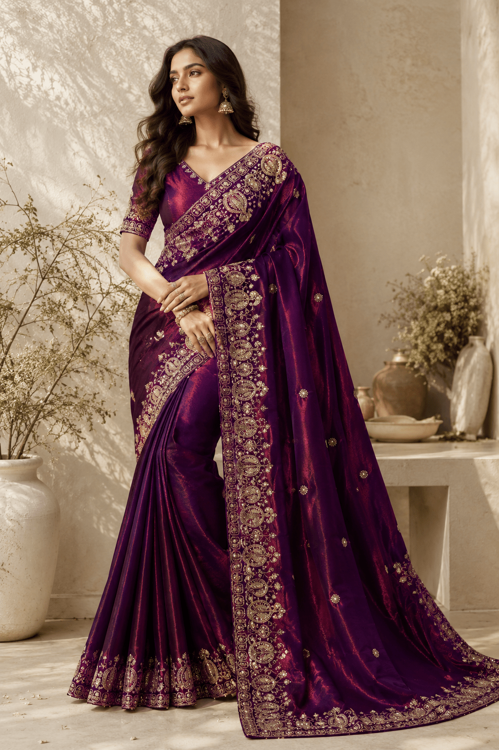 Royal Plum Zari Embroidered Silk Saree - Mayantiie